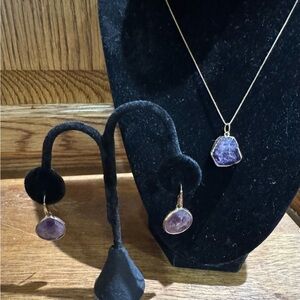 Raw Purple Amethyst Pendant Necklace and Faceted Purple Amethyst Earring Set